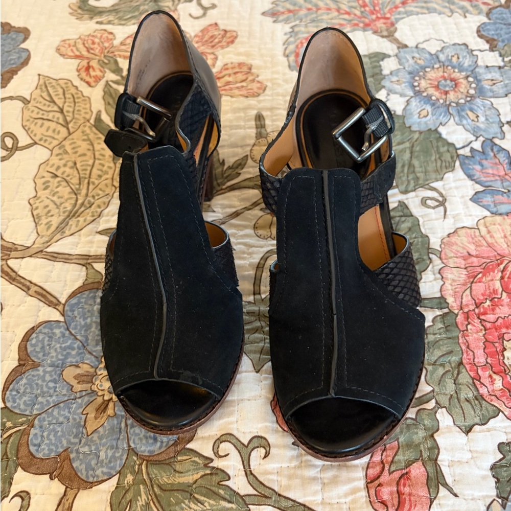 Trask Black Suede Peep-Toe Ankle Strap Heels